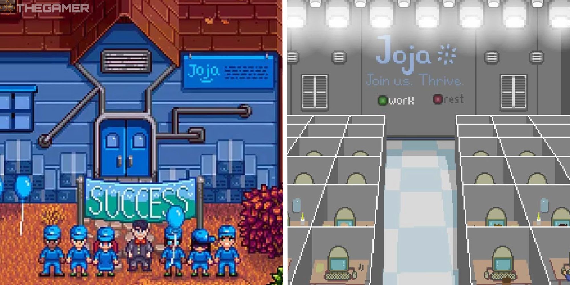 image of joja warehouse opening, next to image of joja corp cubicles