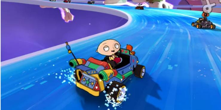 stewey racing across a stage in warped kart racers
