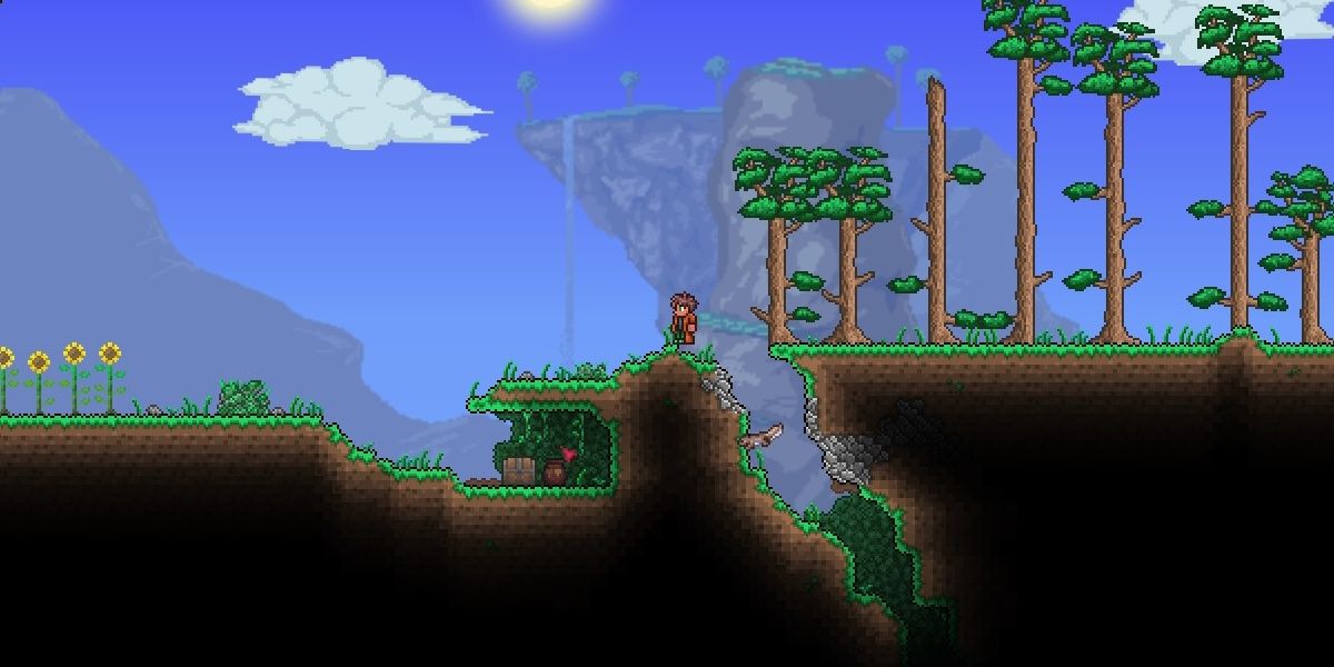 Terraria Player On Surface Trees Sunflowers Chest During The Day