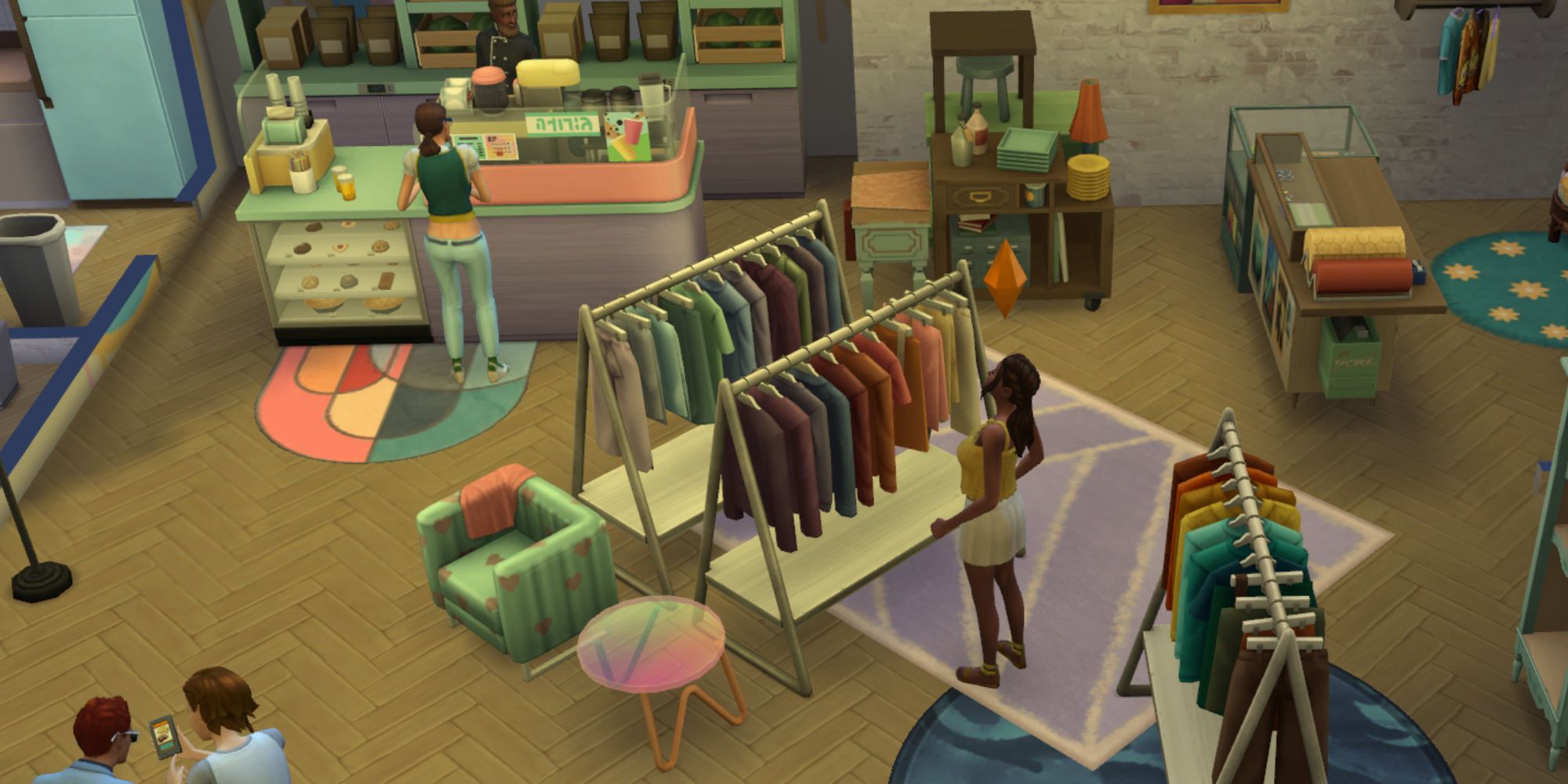 Some Sims in a Tea Shop, talking to each other and looking into clothes.