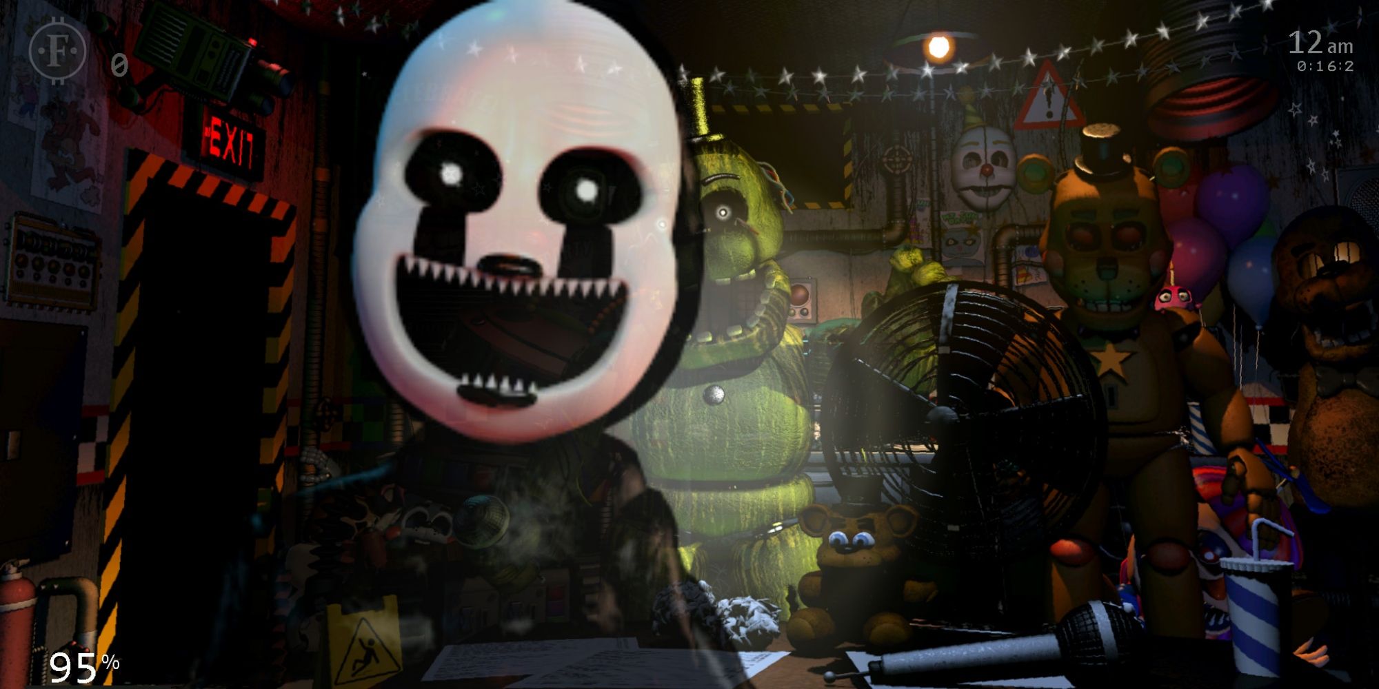 The puppet jumpscares the player as several other animatronics and animatronic suits can be seen in the background