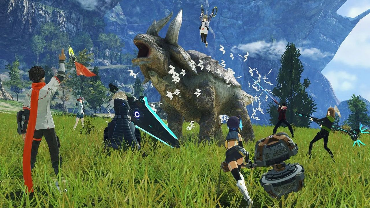 Xenoblade Chronicles 3 party fighting a dinosaur