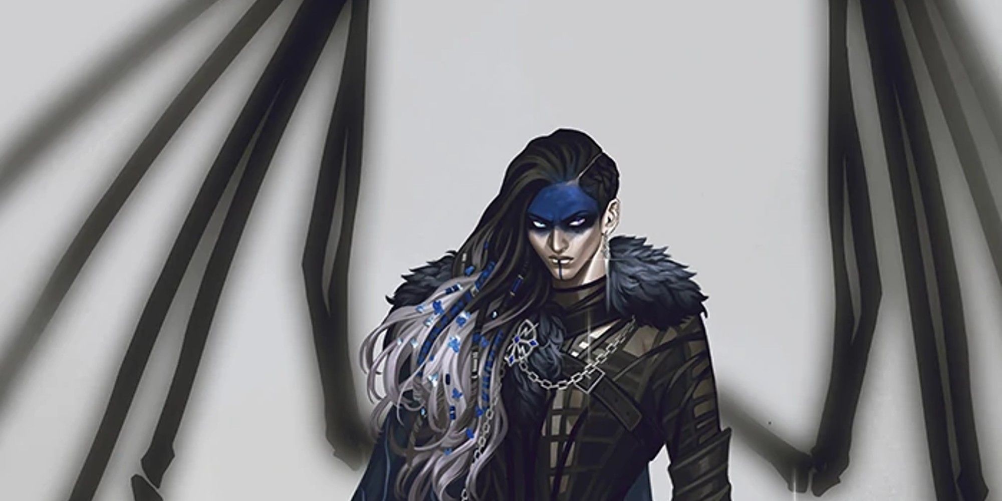 Yasha Nydoorin Critical Role Art with skeletal wings and grey background