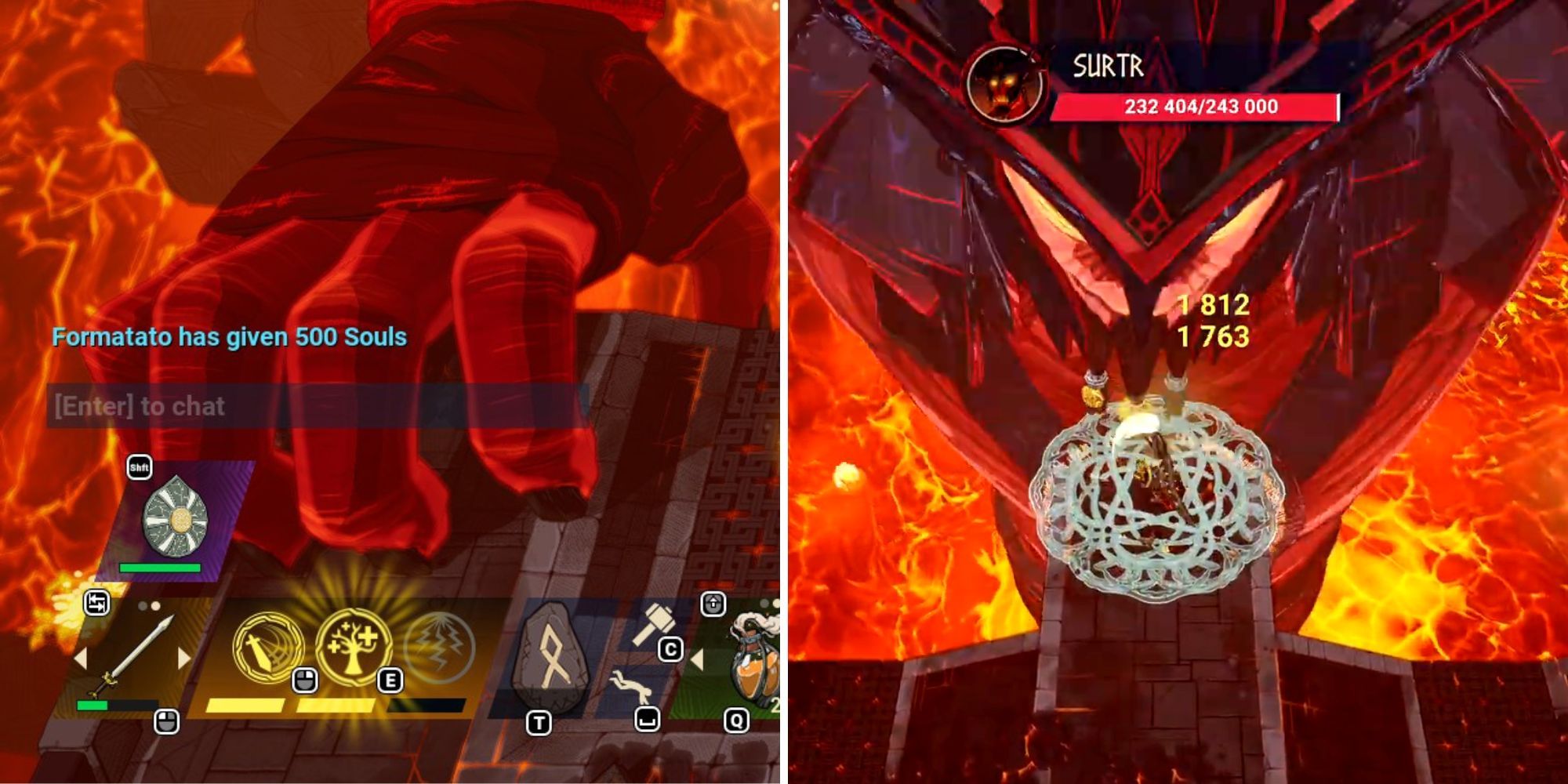 left: healing skill activated on weapon, right: healing seed deploys on ground as player attacks Surtr