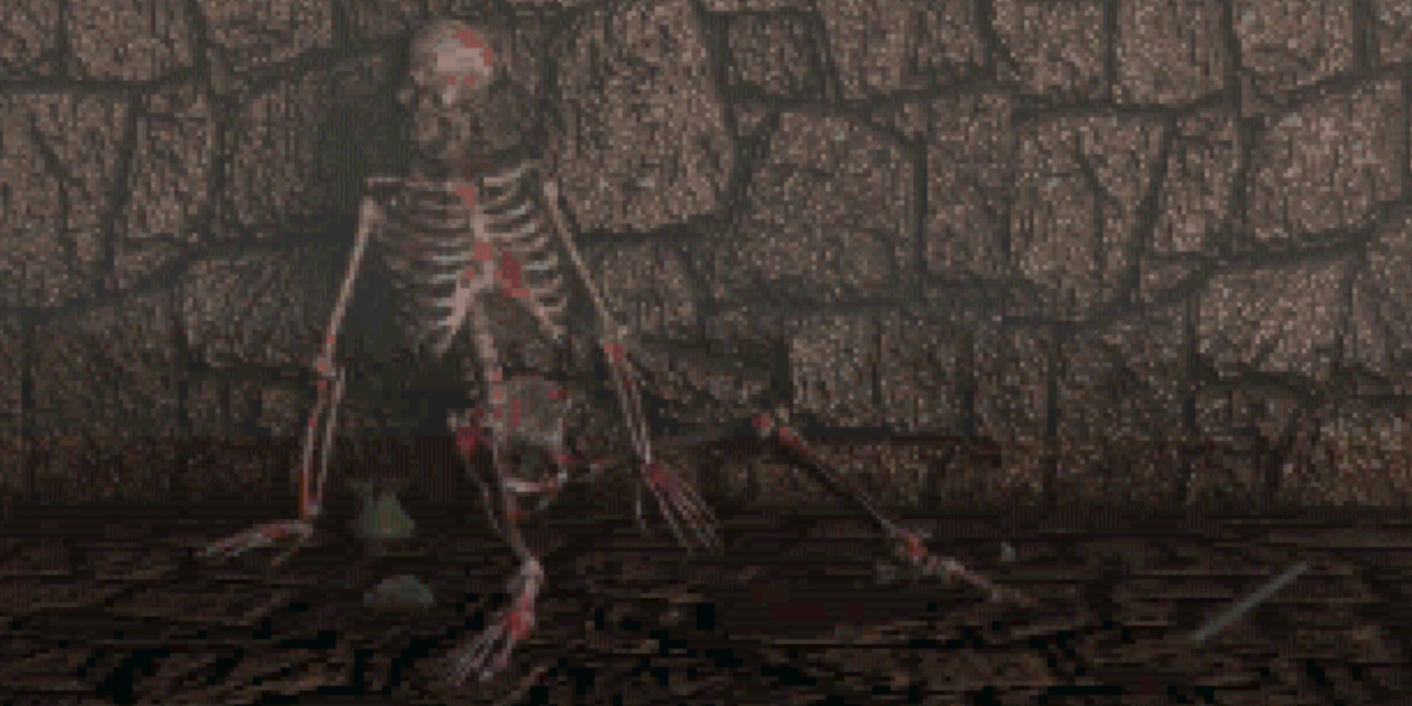 death screen with the player's skeleton sat on the floor