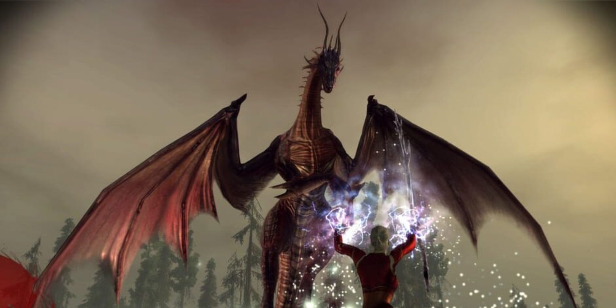 Wynne summons spells to fight off high dragon