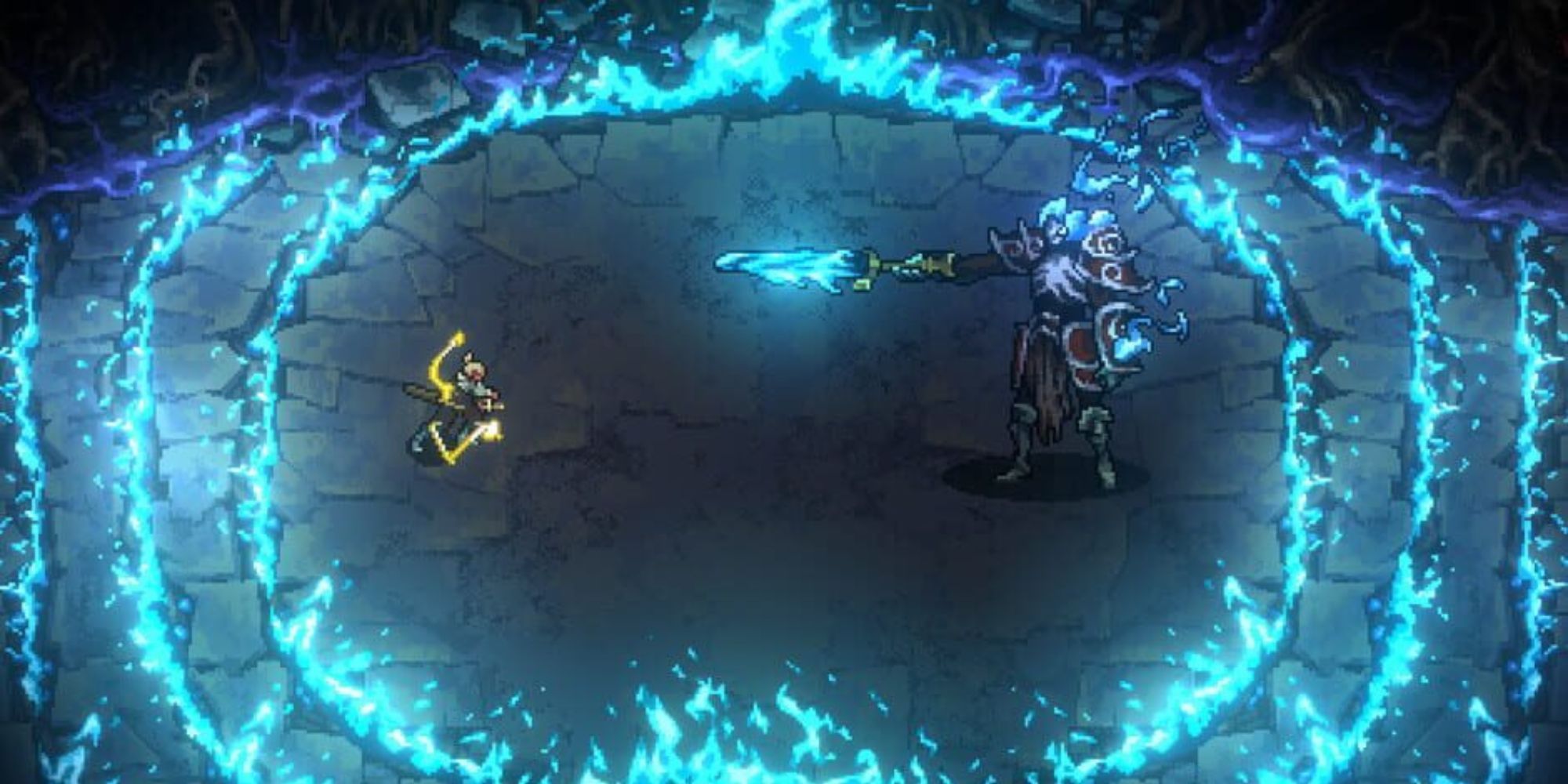 The Hero faces off a large opponent surrounded in flame