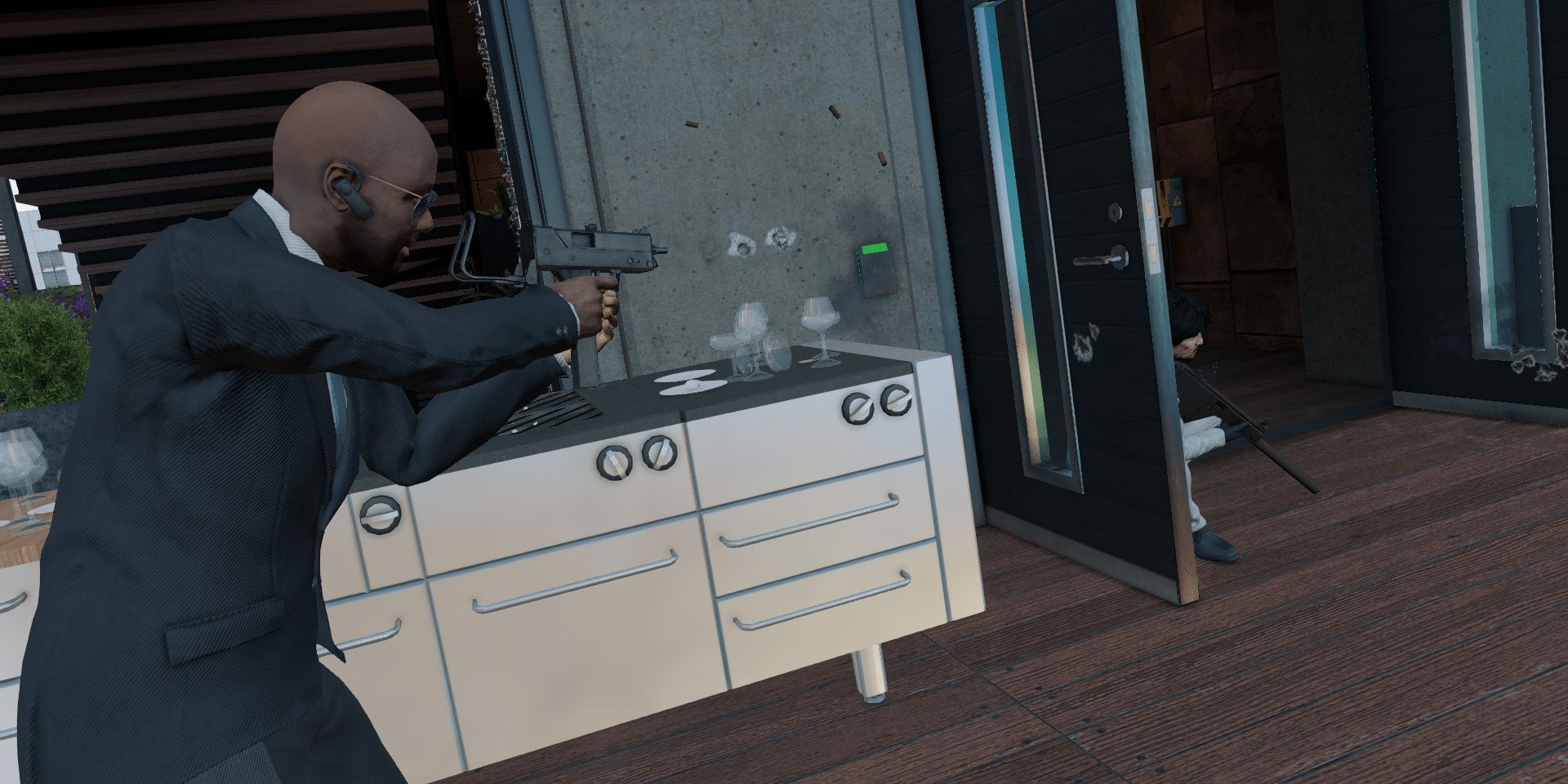 Watch Dogs 2 character engaged in gunfight in a kitchen