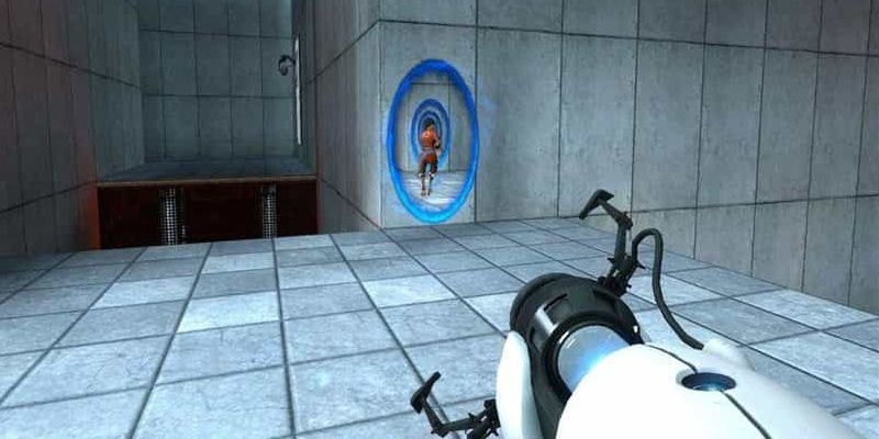 Chell with a portal gun in Portal.