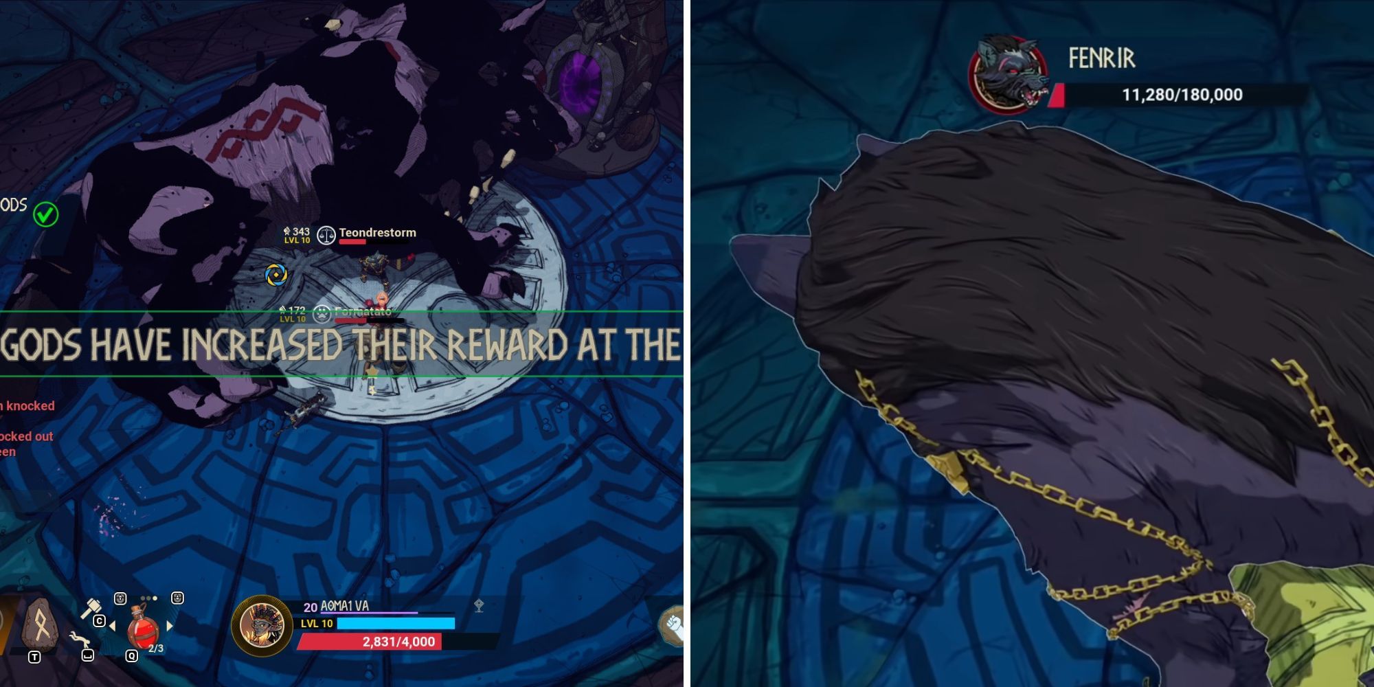 left: Fenrir lies defeated as players collect their rewards; right: Fenrir lunges to the back with low health