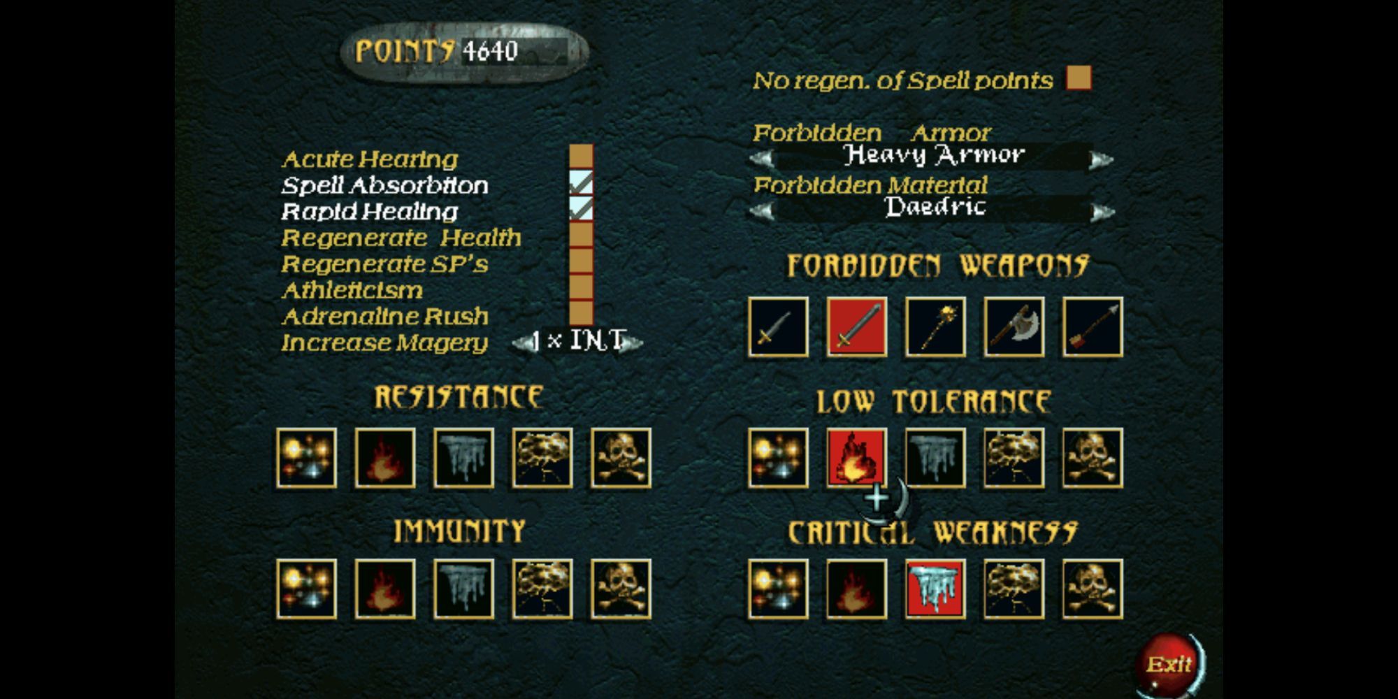 page where players can choose advantages and disadvantages, with multiple chosen