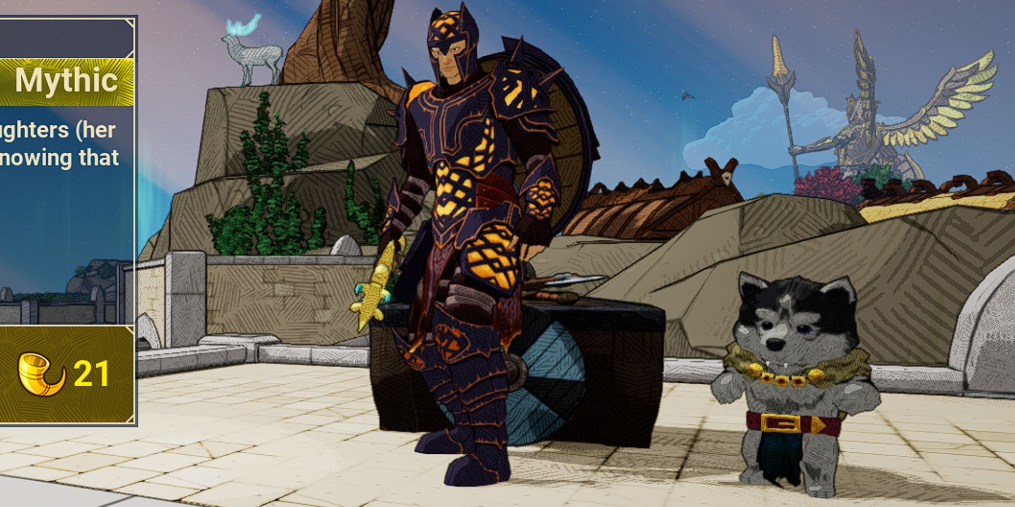 player wears Embers gear set with Fluffy Fang pet