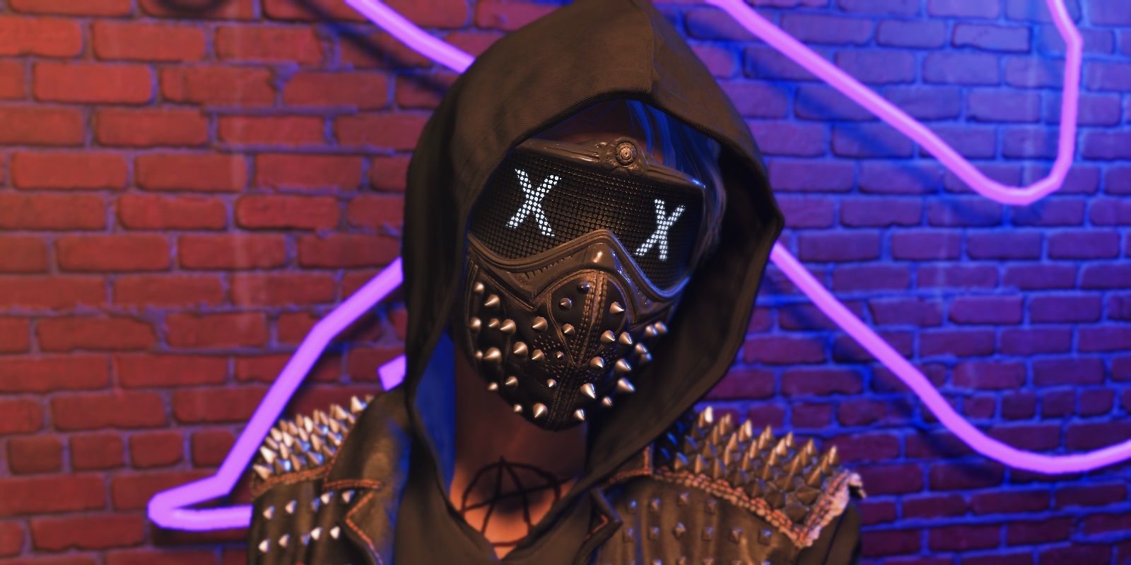 Watch Dogs 2's Wrench with mask on and with a neon-lit brick background