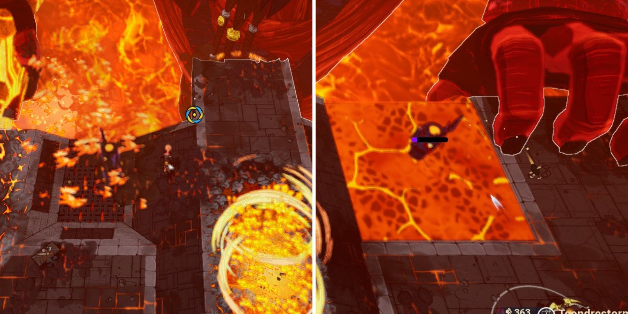 left: Totem on left side of arena goes down; right: totem with low health in lava pit