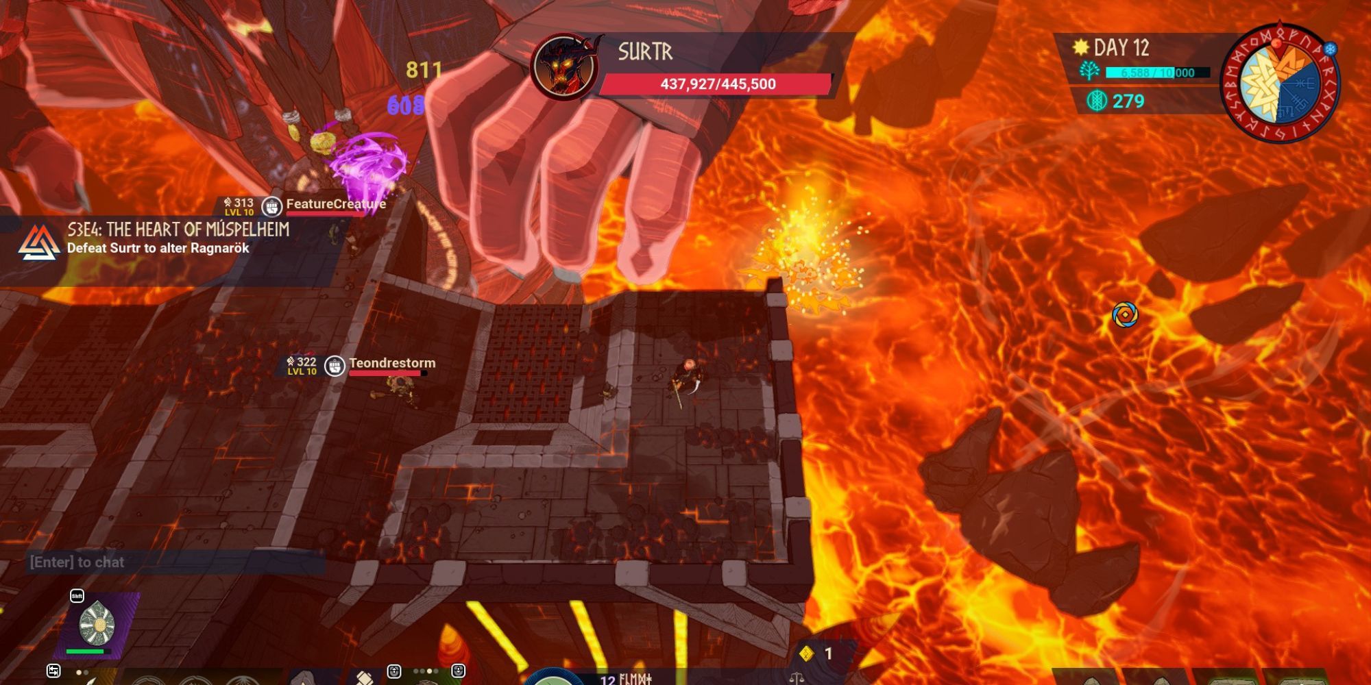 players attack Surtr from different points, with one melee in center and two ranged 