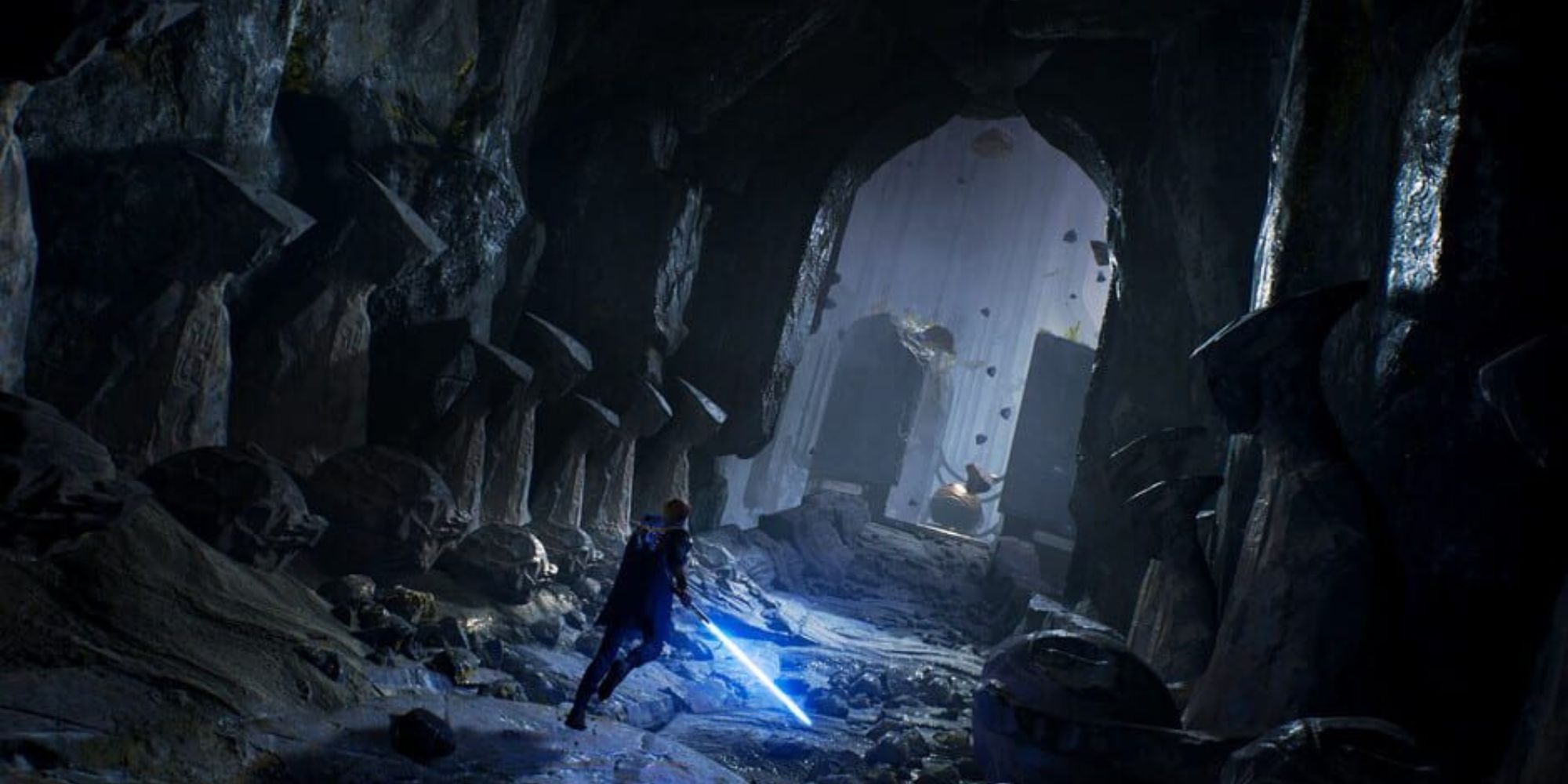 Cal Kestis wields his blue lightsaber as he runs across the Tomb of Eilram