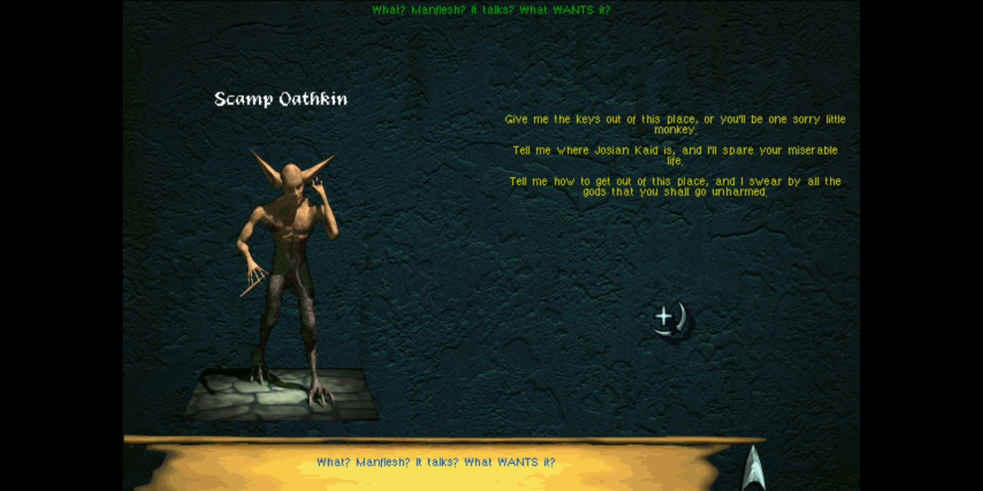 dialogue screen with options for player to respond to a scamp