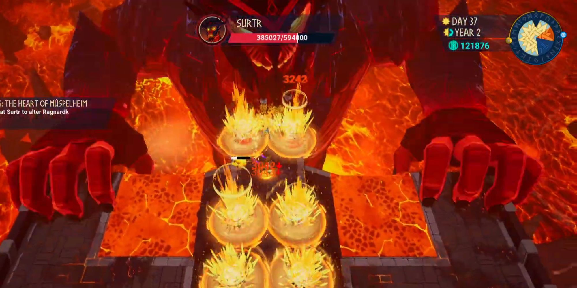 Surtr summons fire circles surrounding player in the center