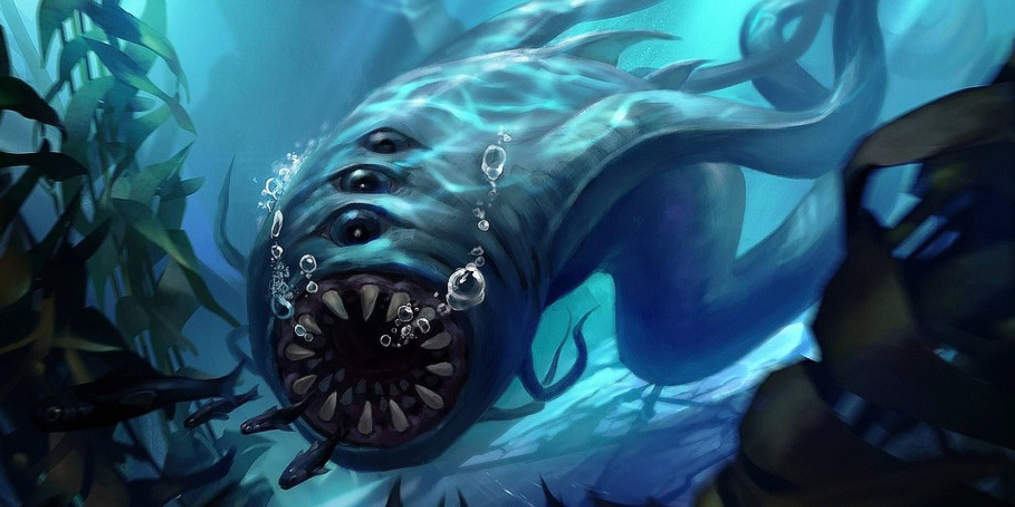 An Aboleth of Dungeons and Dragons swims in an underwater environment