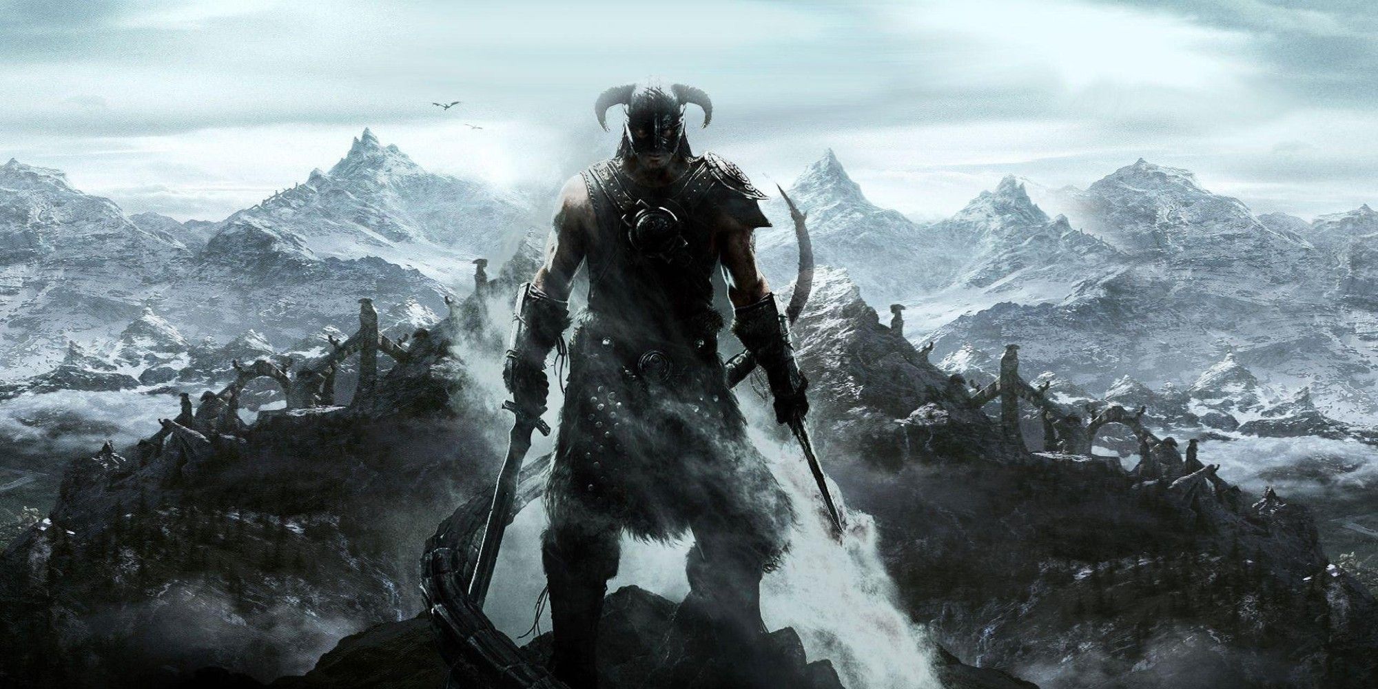 The Elder Scrolls V: Skyrim official art with the Dovahkiin looking at the camera with mountains in the background