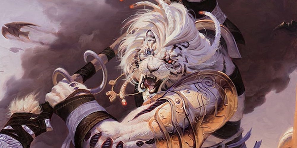 A compleated Ajani swinging his weapon.