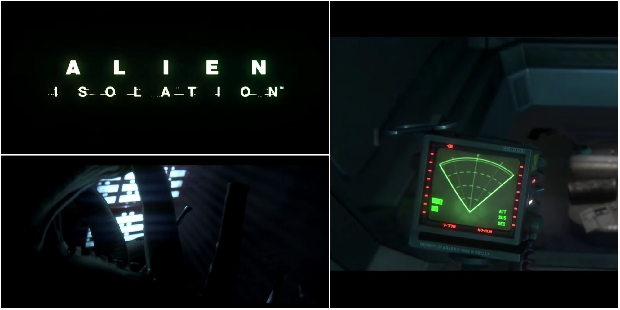 Split images of screenshots from the Alien Isolation E3 reveal trailer. 
