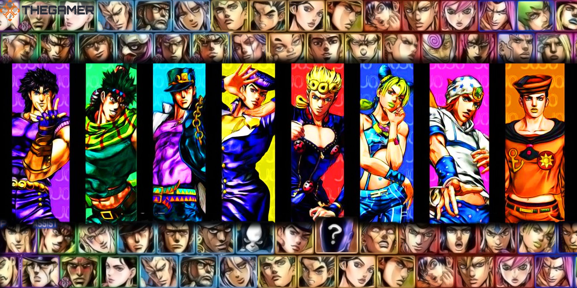 The eight Jojos from the Jojo's Bizarre Adventure manga stand against tiles featuring the cast of ASBR.