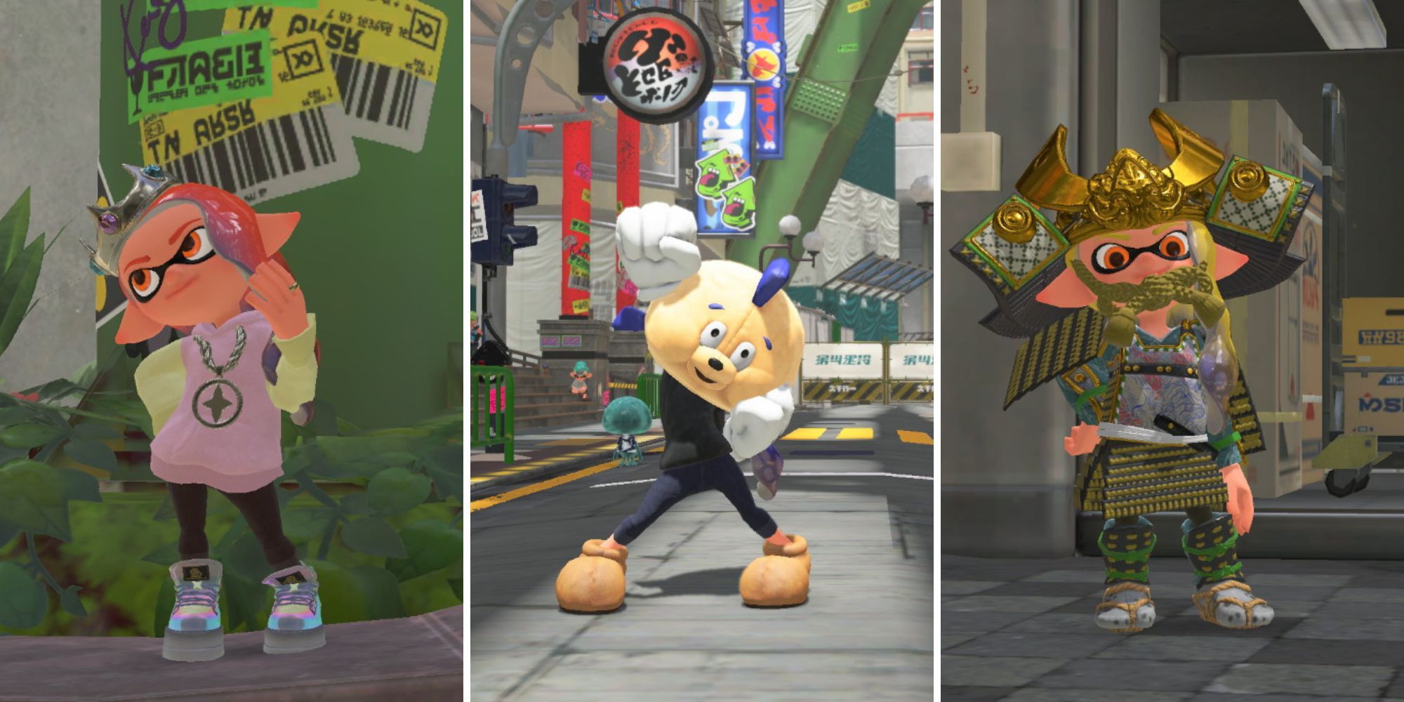 An Inkling stands by a pillar in the Pearlescent outfit, an Inkling stands on the sidewalk in the Fresh Fish outfit, An Inkling in the Samurai outfit 