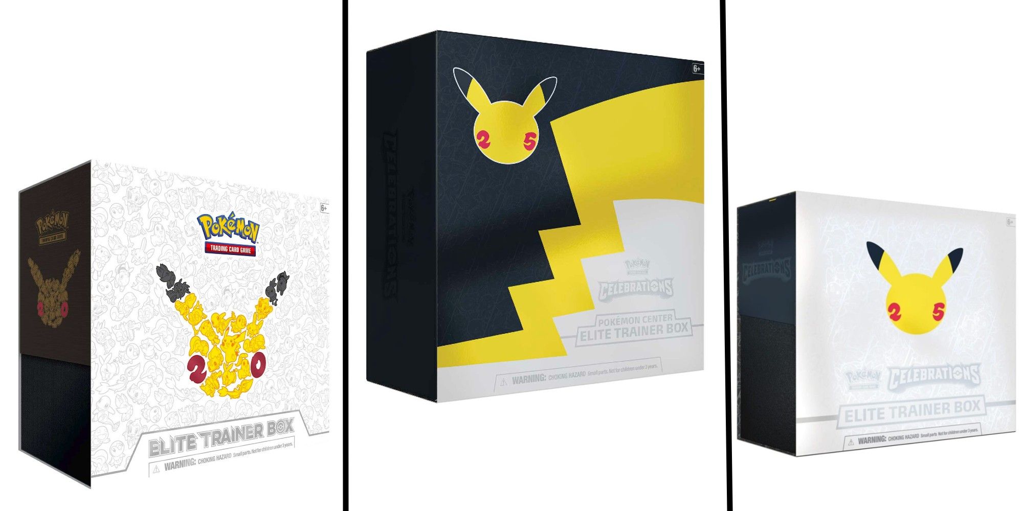 20th & 25th Year Anniversary Celebrations Elite Trainer Boxes with pikachu silhouette on the box