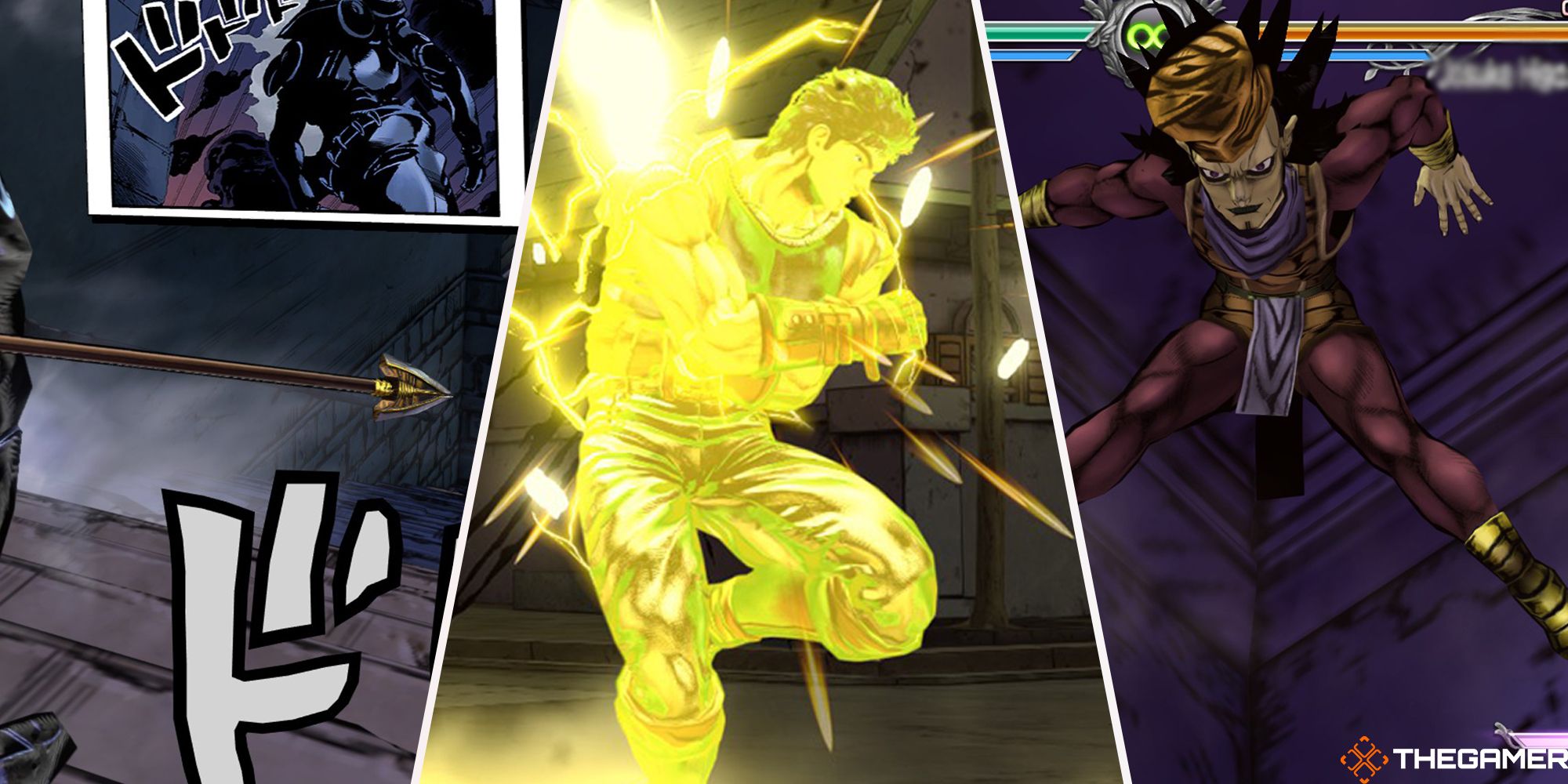 Three panels feature various arena gimmicks, including a statue come to life, lightning strikes, and a vampiric henchman, from JoJo's Bizarre Adventure ASBR.