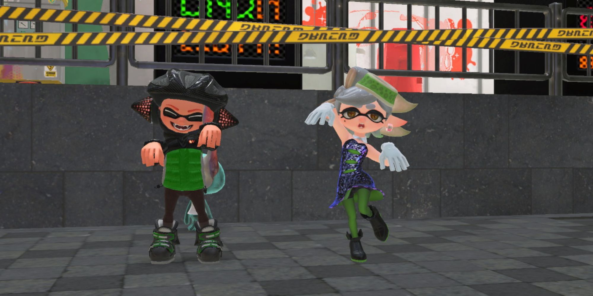 An Inkling wearing the Armor Outfit poses beside Marie outside