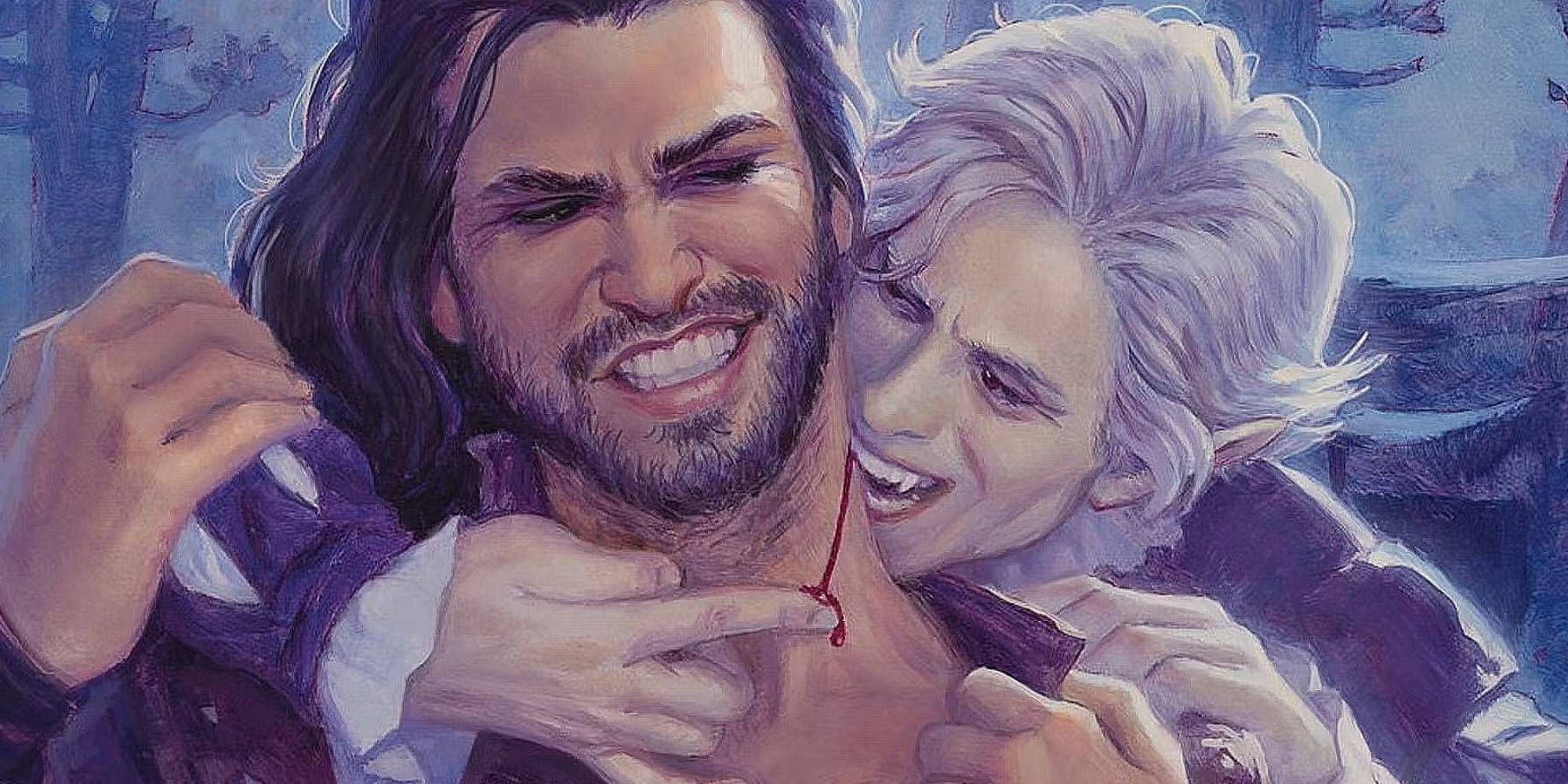 A pale haired vampire bites at the neck of a handsome humanoid male