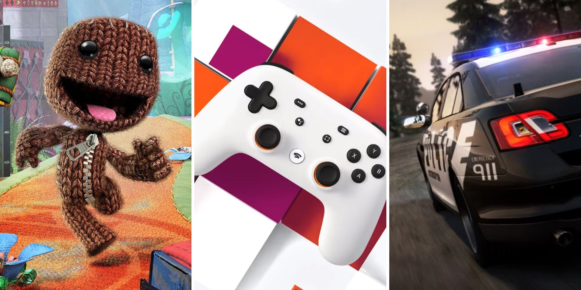 Sackboy, Stadia controller, police car