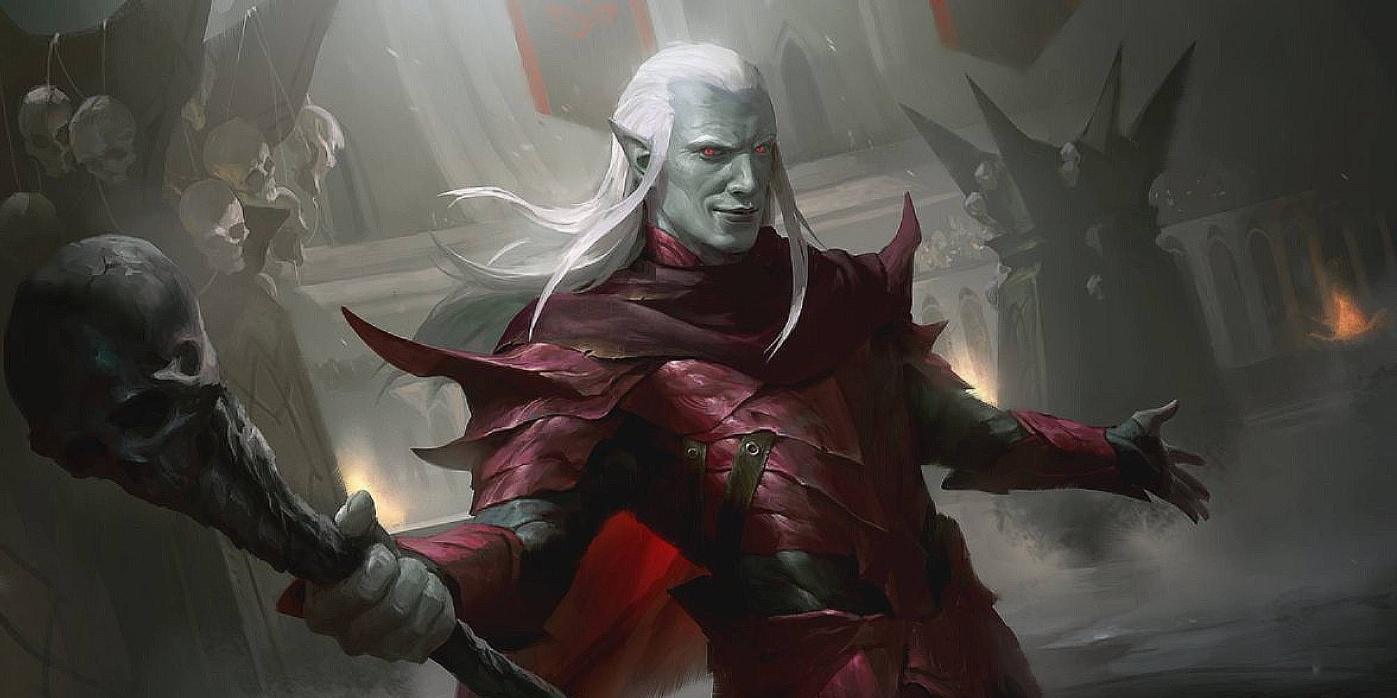 A Drow with long white hair and crimson leather armour holds a staff with a skull at the end as he smirks