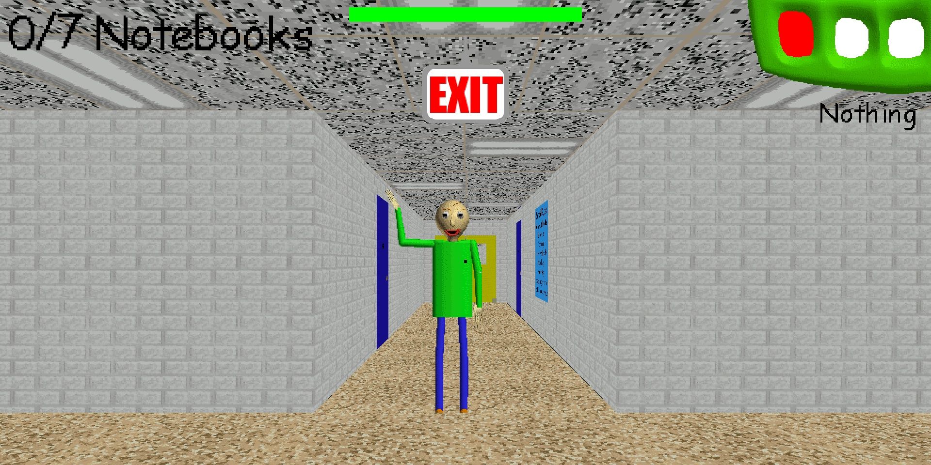 A screenshot of Baldi's Basics where Baldi is waving at the player in a hallway