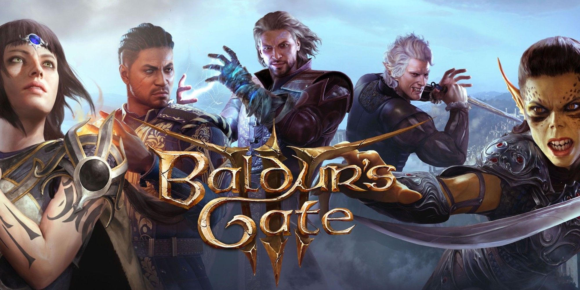 Baldur's Gate 3 Official art with titel and five characters: Shadowheart, Will, Gale, Astarion and Lae'zel