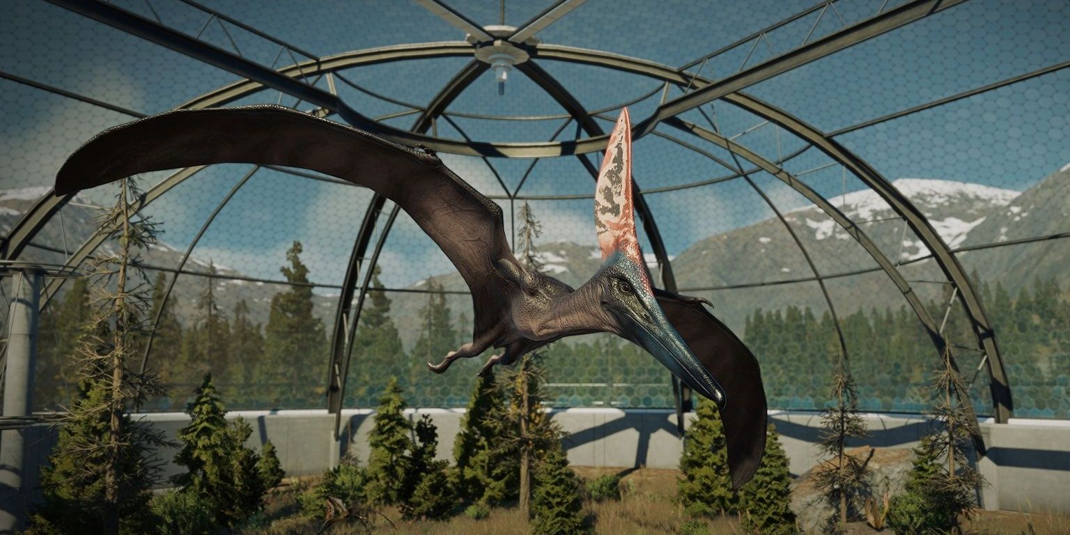 A flying Barbaridactylus in an enclosure in Jurassic World Evolution 2