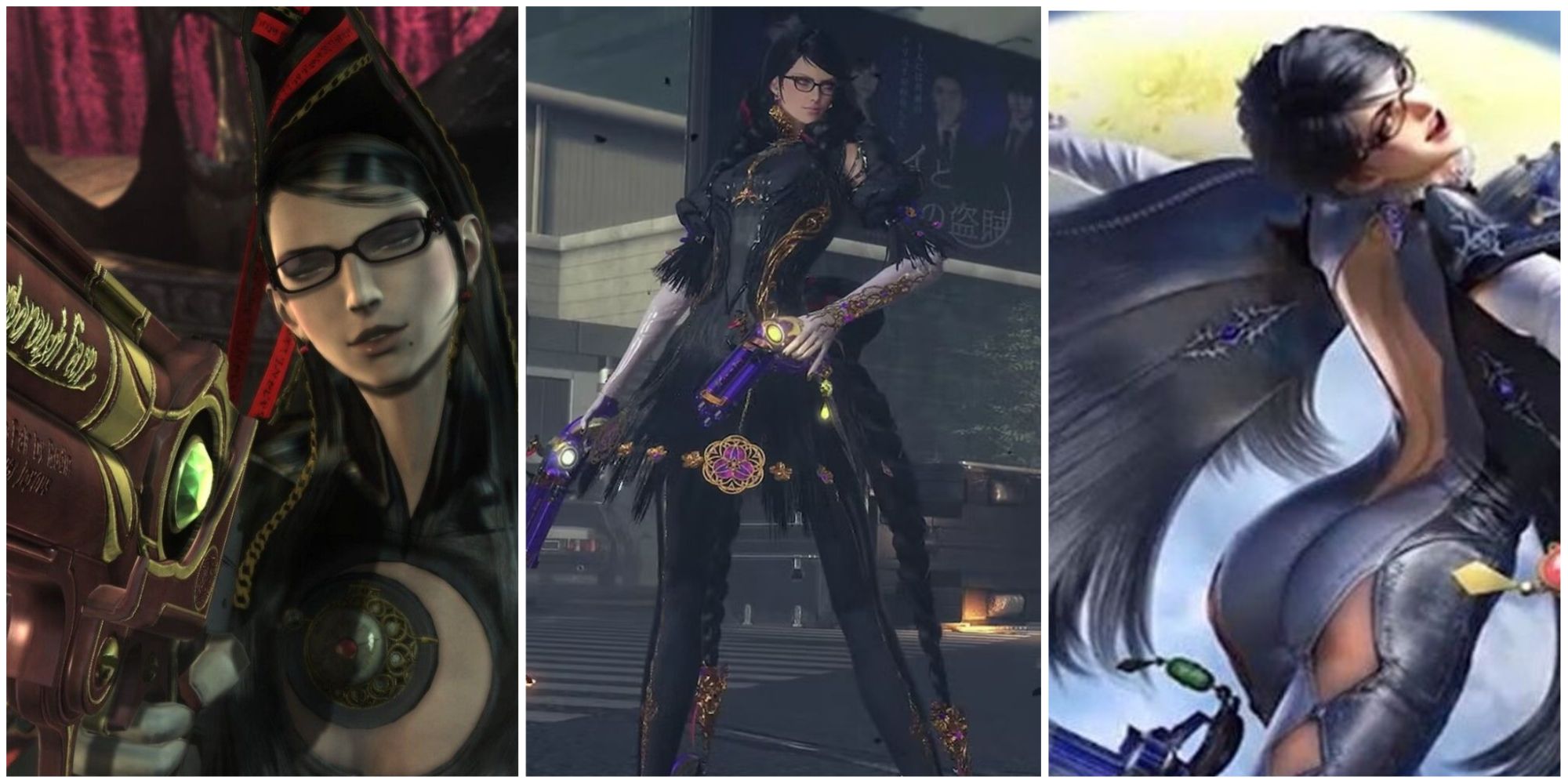 Bayonetta from the original game pointing her gun, Bayonetta as she appears in the third game, and Bayonetta as she appears on the cover of the second game, left to right