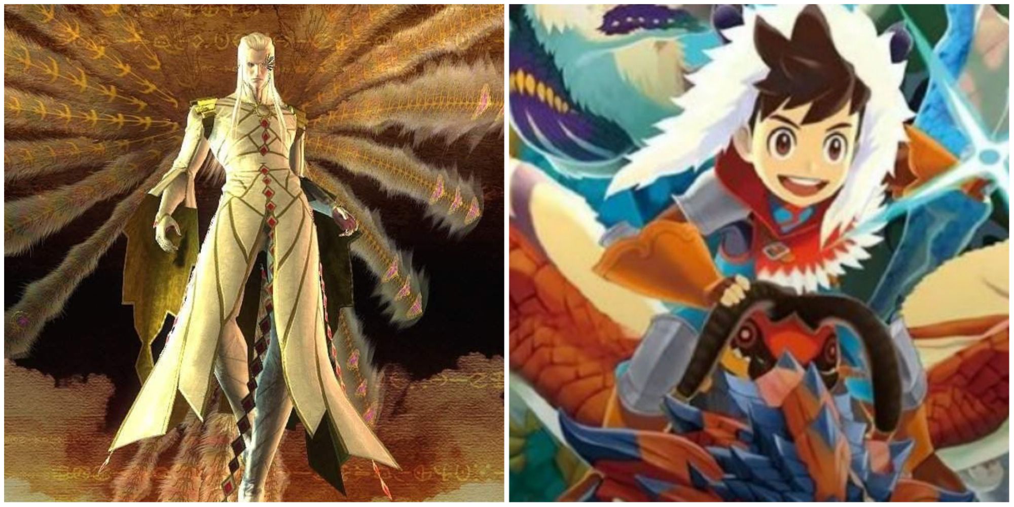 Balder with his wings outstretched and the rider from Monster Hunter stories