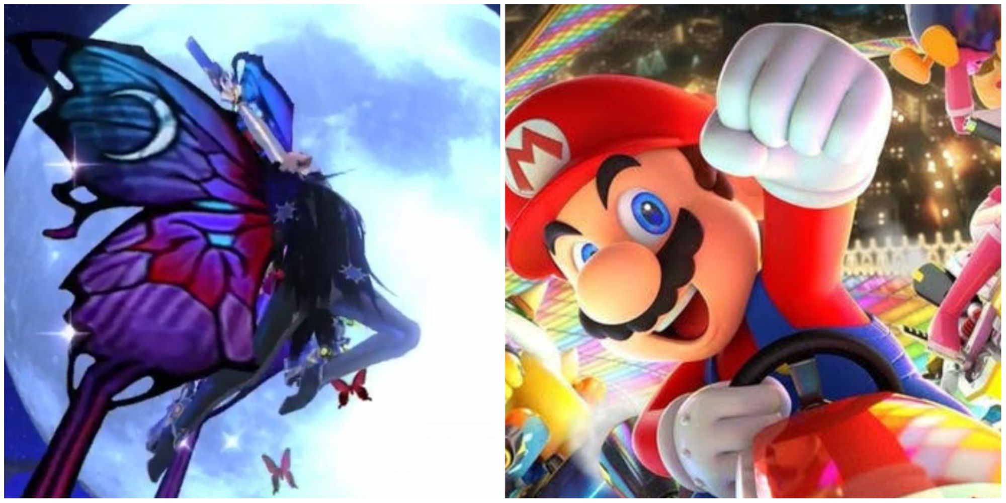 Bayonetta with her butterfly wings in Smash and Mario on the cover of Mario Kart 8