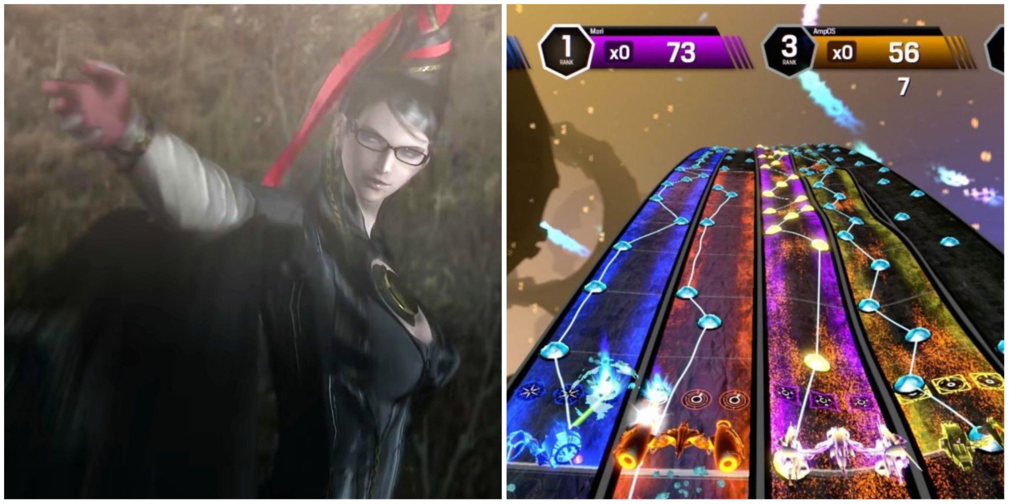 Bayonetta with her hand outstretched and a rhythm game