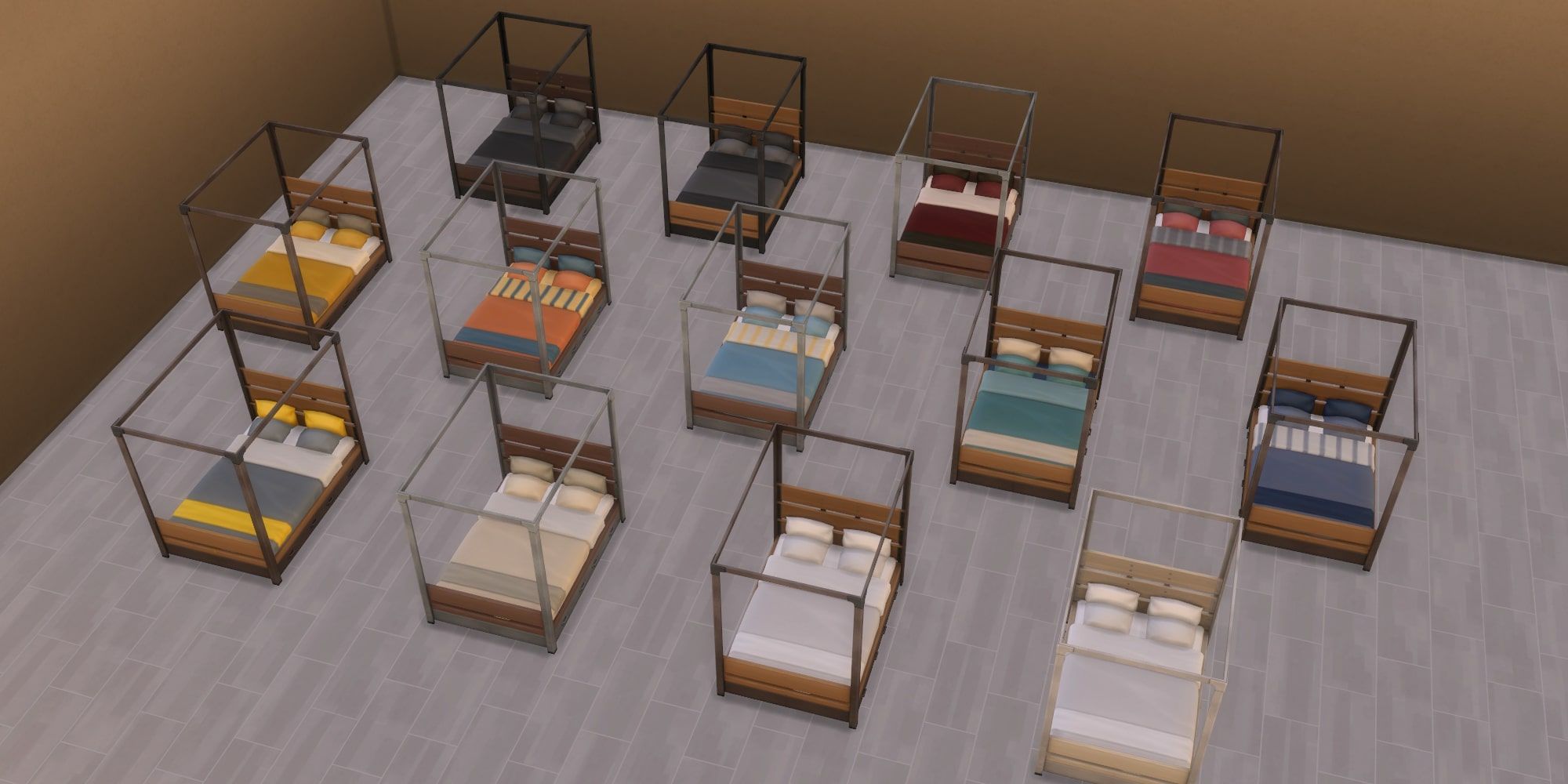 Sims 4: Industrial Loft Kit Bed, all swatches in empty room