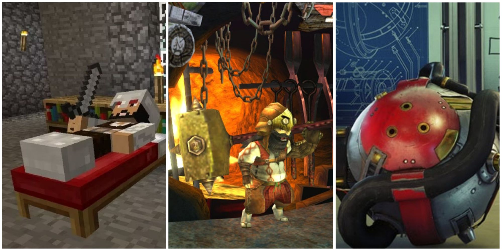 A player in iron armor sleeping in bed, a felyne from Monster Hunter Generations by a forge, and a recycler charge from Prey, left to right