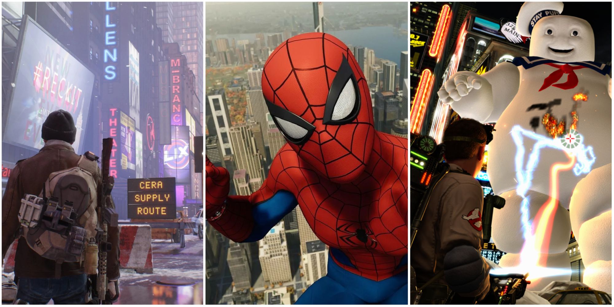 Image collage of the Best Games Set In New York including The Division, Marvel's Spider-Man and Ghostbusters The Video Game