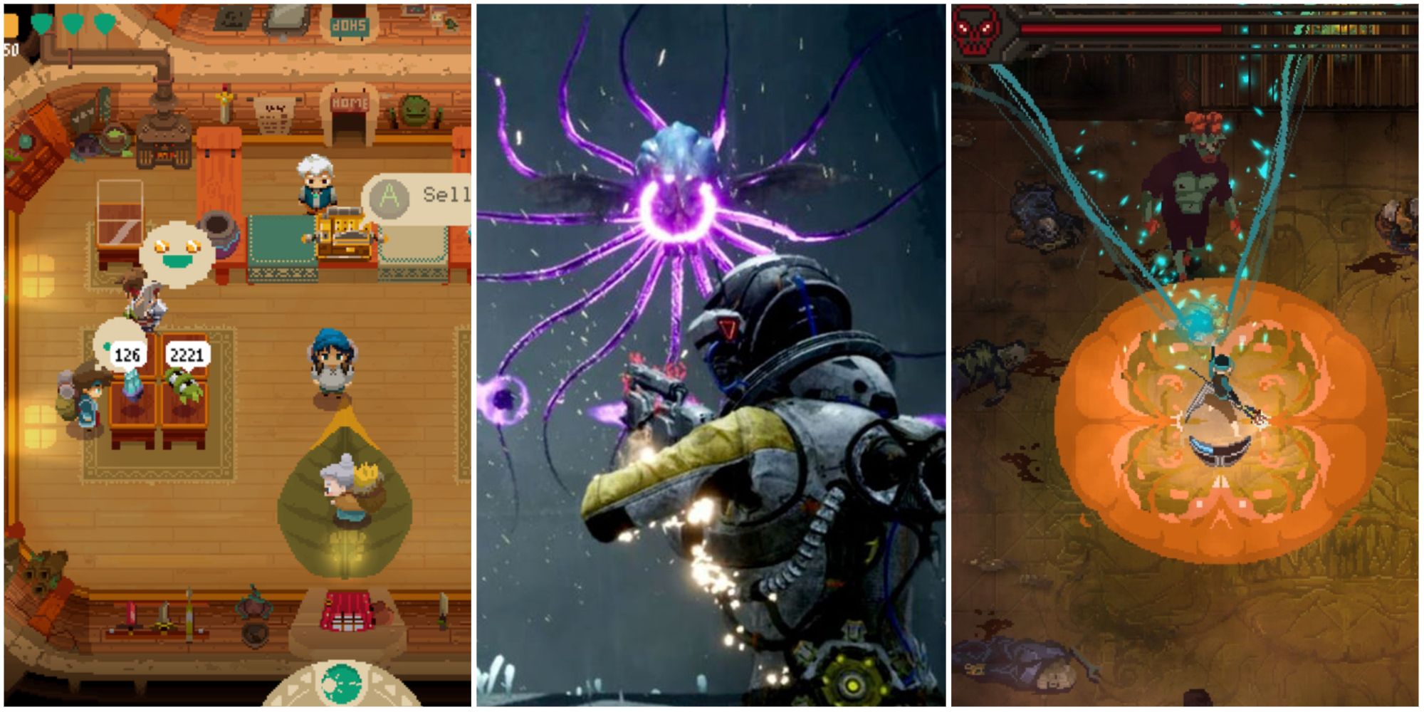Collage of the Best Roguelikes PS Plus Extra including Moonlighter, Returnal and Children of Morta