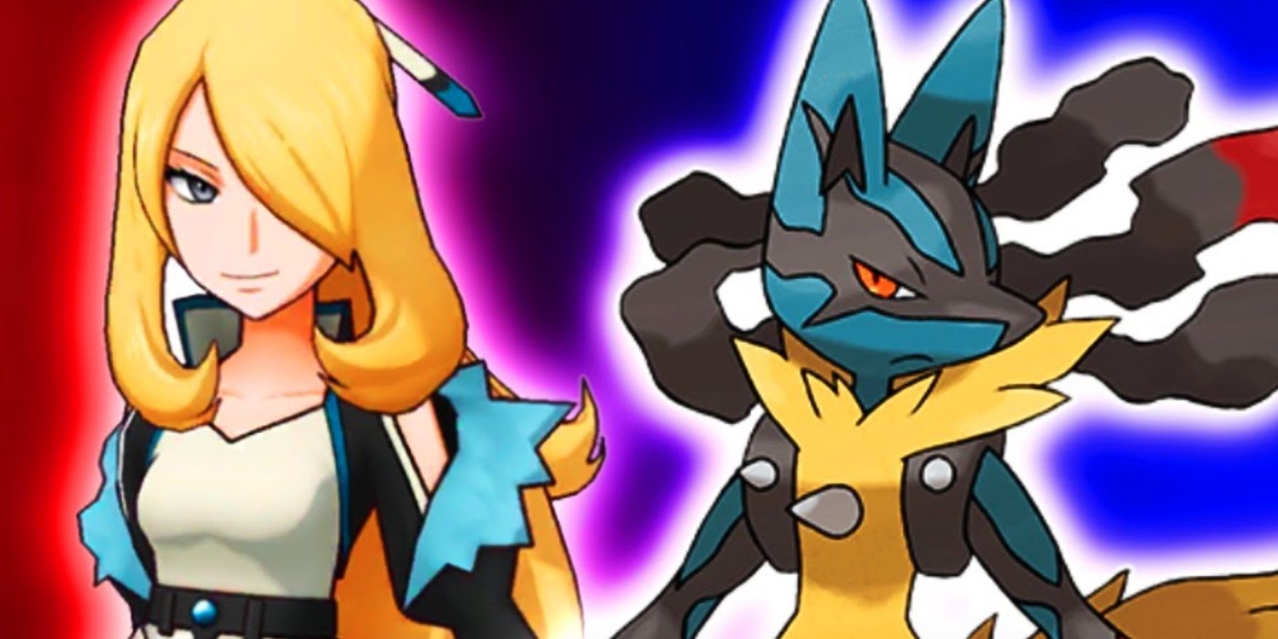 Pokemon Masters EX Best Supports SSA Cynthia & Lucario give fierce glares.