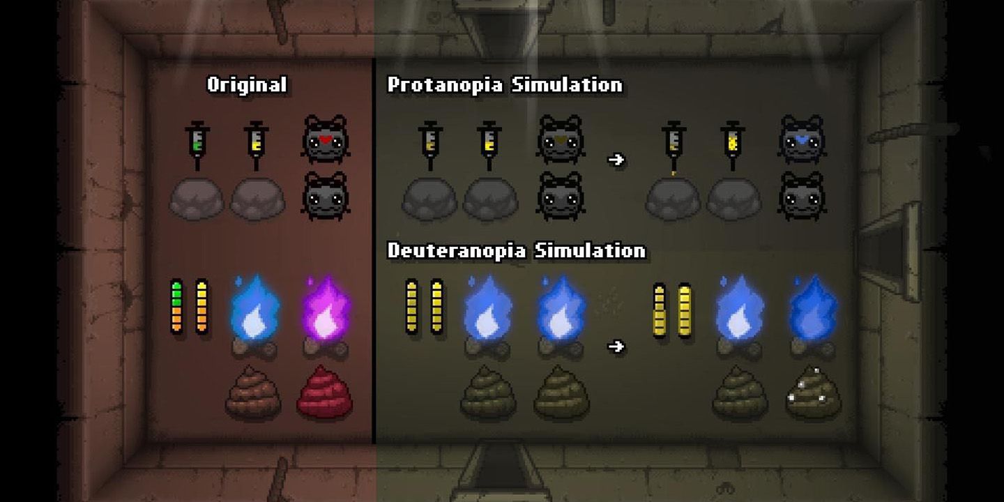 Binding of Isaac: Repentance screenshot, comparing colour of items, enemies, HUD elements, and obstacles