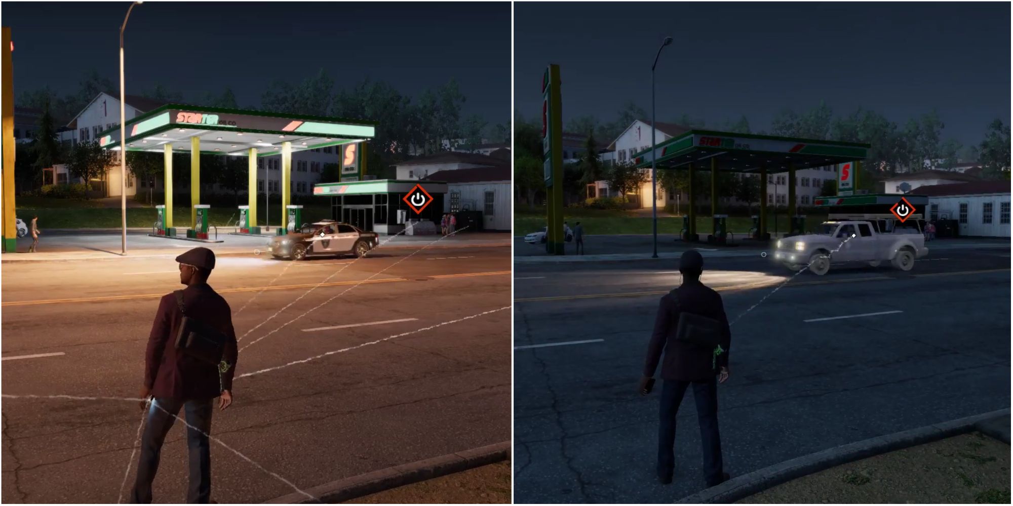 Side by side screenshots of the Blackout Skill being used in Watch Dogs 2.