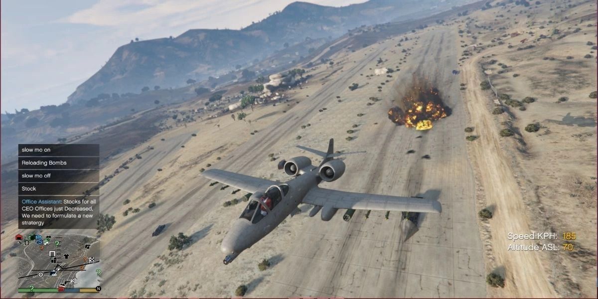 Bomberman custom game mode in GTA V. A plane is seen flying away after dropping a bomb on a runway