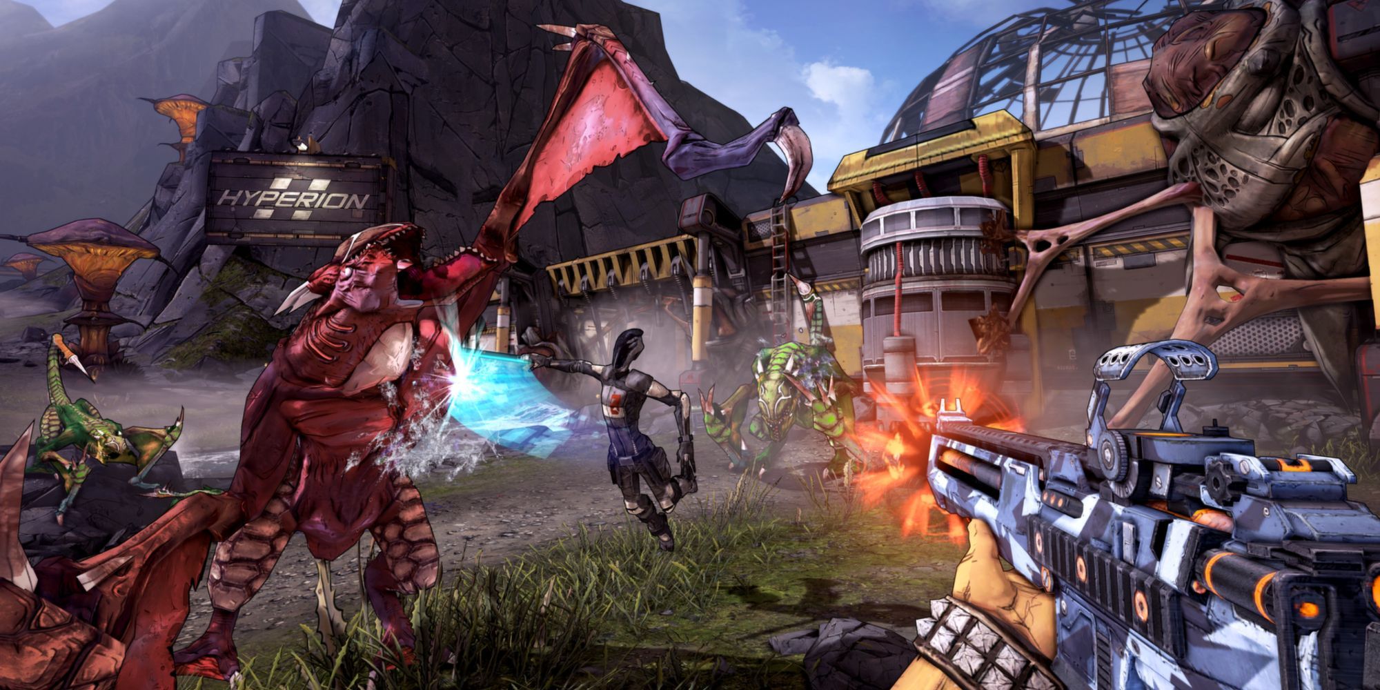 The player aims their gun at enemies in Borderlands 2 VR